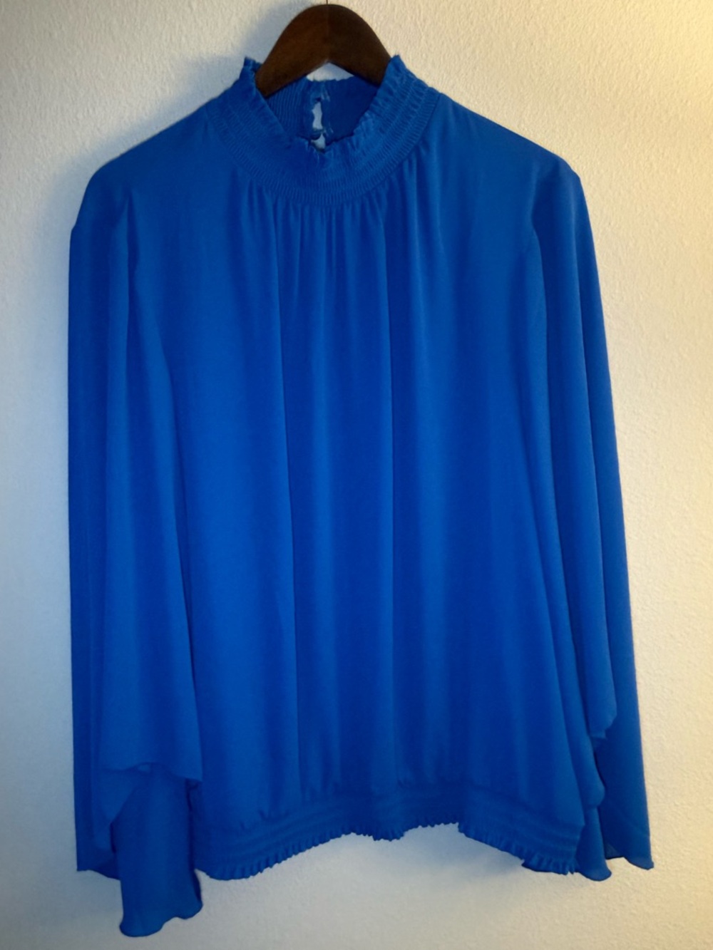 New York & Company Blue Smocked-Neck Long Sleeve Blouse